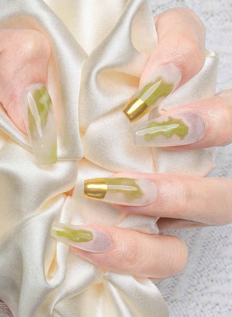 Nailosophy 10 Pcs Handmade Gel Press On Nails Coffin Long Green Watercolor Gold Chrome Tip Reusable False Nails Nail Kit for Women Party Wedding Eid Special Occasions - Image 1