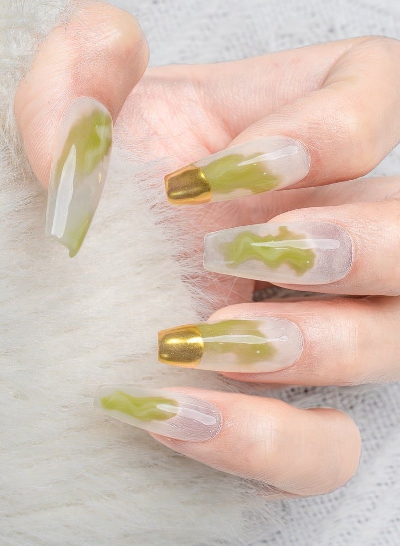 Nailosophy 10 Pcs Handmade Gel Press On Nails Coffin Long Green Watercolor Gold Chrome Tip Reusable False Nails Nail Kit for Women Party Wedding Eid Special Occasions - Image 3