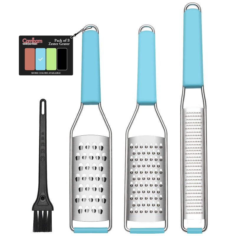 Cambom Lemon Zester Grater Threepiece Suit  Heavy Duty Kitchen Tool for Parmesan Cheese Ginger Garlic Nutmeg Chocolate VegetablesFruitsStainless Steel Grater Dishwasher Safe Blue