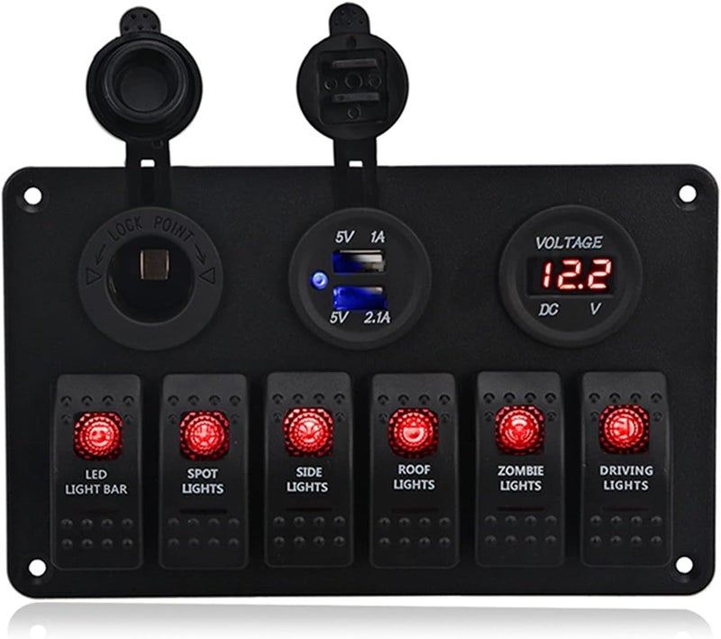 DEMULAX 6 Gang Rocker Switch Panel with Dual USB Charger - Image 1