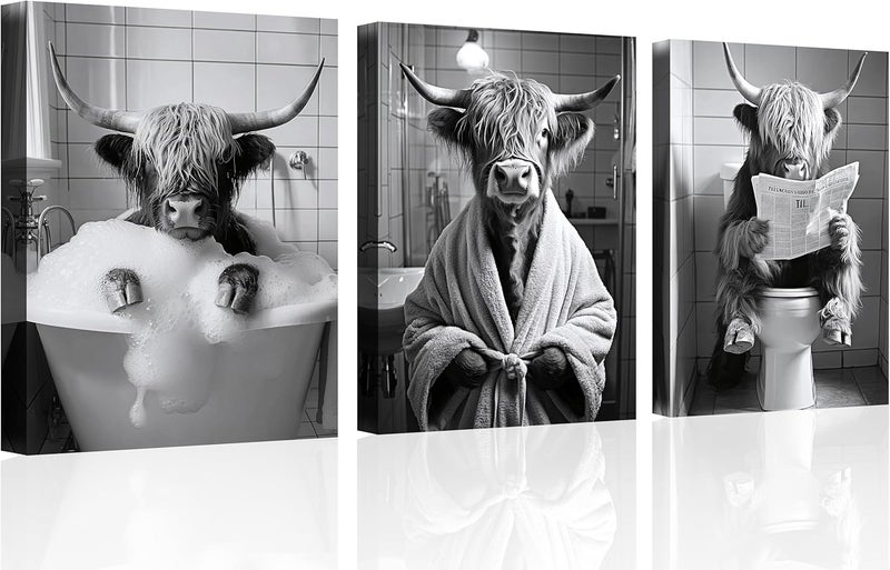 OWNANRTHM Highland Cow Bathroom Canvas Wall Art Set - Image 1