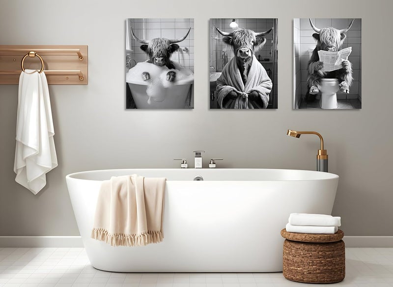 OWNANRTHM Highland Cow Bathroom Canvas Wall Art Set - Image 3