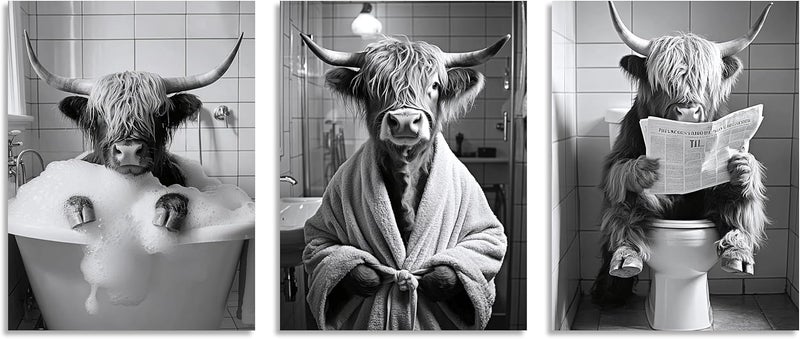 OWNANRTHM Highland Cow Bathroom Canvas Wall Art Set - Image 2