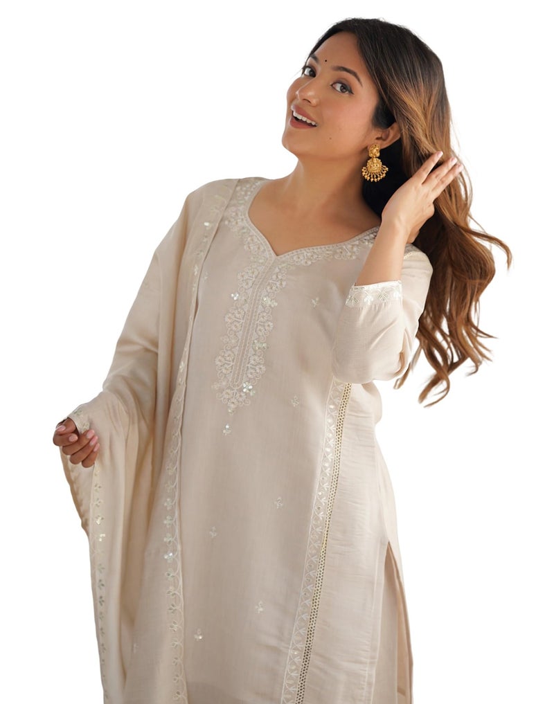SIRIL Women's Rayon Kurta Set | Sequence Embroidery Kurta with Pant & Dupatta (235KBD2484-XXL_Beige) - Image 1