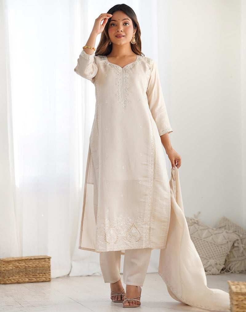 SIRIL Women's Rayon Kurta Set | Sequence Embroidery Kurta with Pant & Dupatta (235KBD2484-XXL_Beige) - Image 5