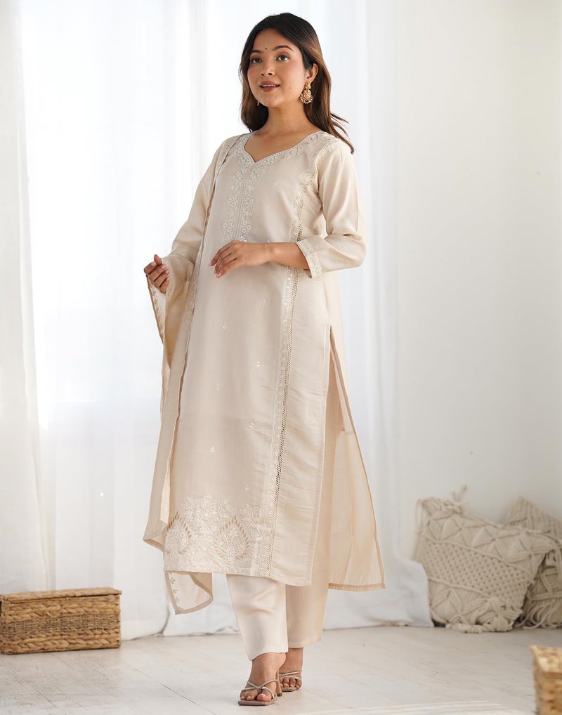 SIRIL Women's Rayon Kurta Set | Sequence Embroidery Kurta with Pant & Dupatta (235KBD2484-XXL_Beige) - Image 3