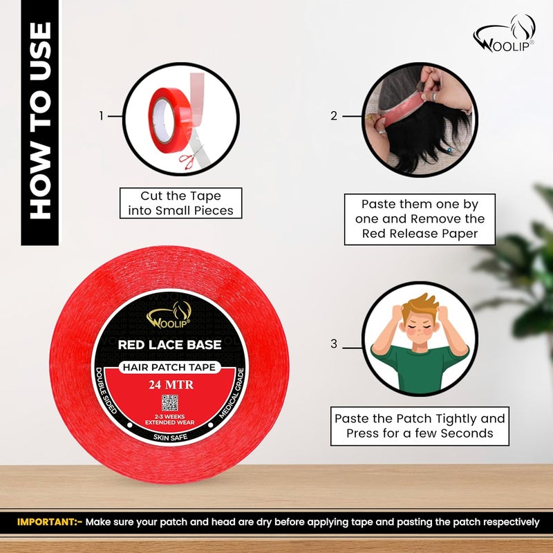 Woolip Hair Patch Tape For Men - Super Ultra Hold Up To 2-3 Weeks | Waterproof Wig Tape For Men | 1 Inch Cotton Material | Double sided RedTape for Hair Patch - 24M - Image 2
