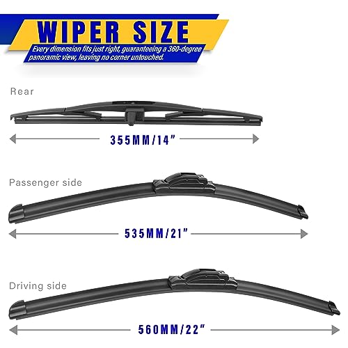 Rooppa 3 مساحات بديلة لسيارة هوندا بايلوت 2009-2015، شفرات مساحات الزجاج الأمامي بديل المعدات الأصلية - 22"/21"/14" (مجموعة من 3) U/J HOOK - Image 2