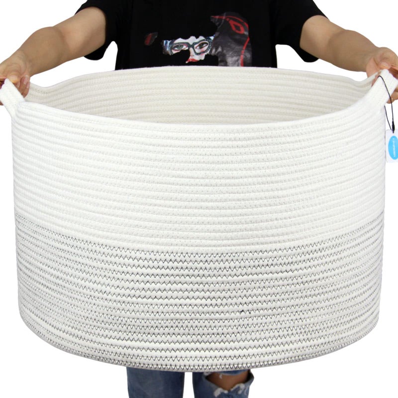 Casaphoria XXXLarge Cotton Rope Basket 217 x 217 x 138 Woven Laundry Basket for Blankets Storage Basket with Handle Comforter Cushions Storage Bins Thread HamperBlack Stitch White MB2021039