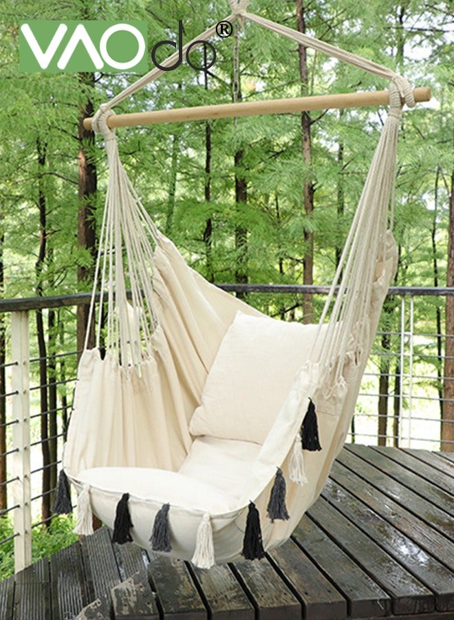 VAOdo Hammock Chair Hanging Rope Swing Max 150Kg 2 Cushions Included Large Macrame Hanging Chair for Superior Comfort with Hardware Kit White - Image 1