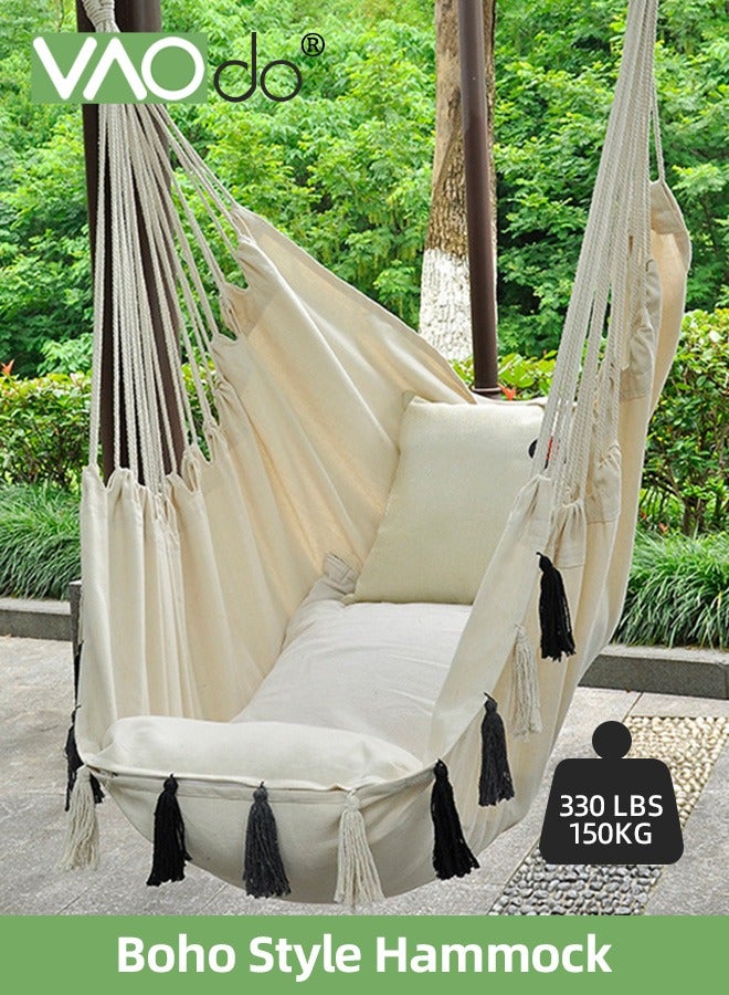 VAOdo Hammock Chair Hanging Rope Swing Max 150Kg 2 Cushions Included Large Macrame Hanging Chair for Superior Comfort with Hardware Kit White - Image 2