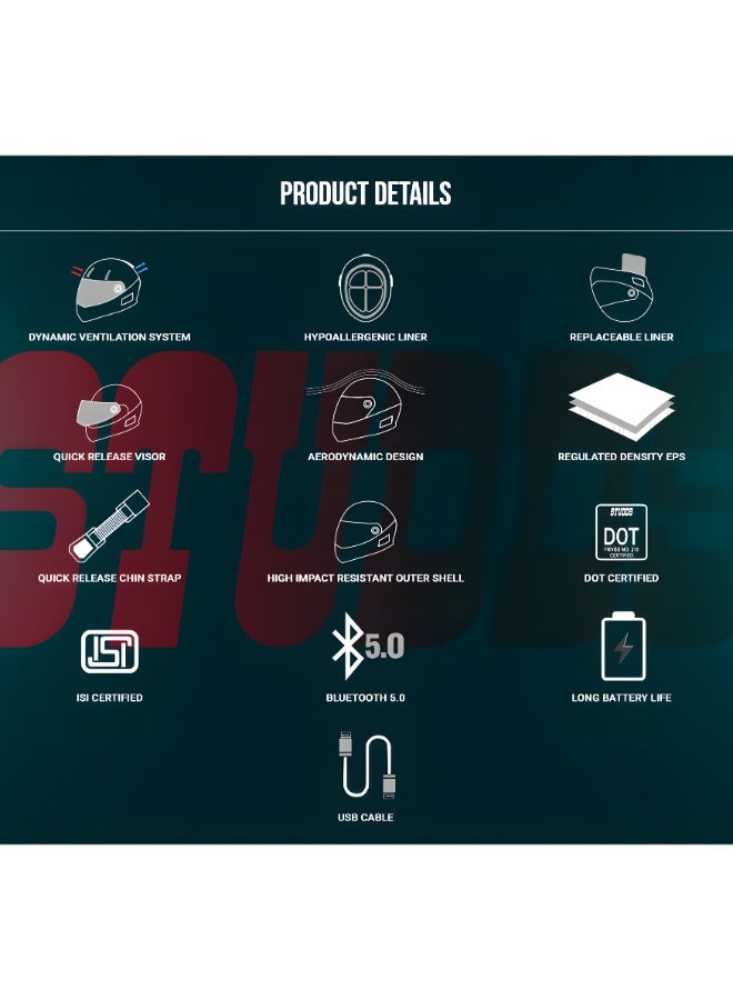 STUDDS Full Face Motorcycle Helmet with Bluetooth, Ventilation System, Quick Release Visor and Chin Strap, DOT Certified, Matte Gun Grey, Size L - Image 2