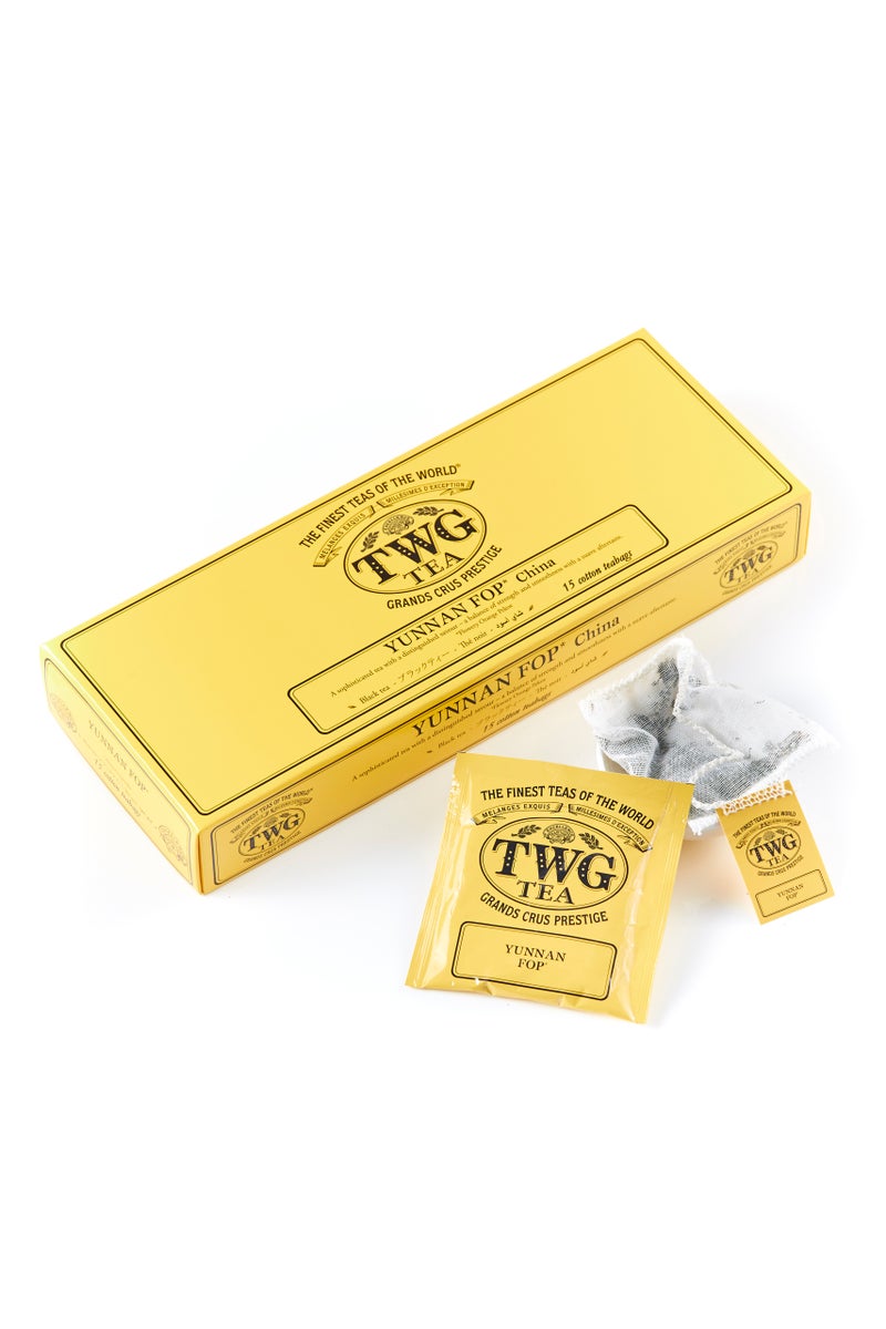 TWG Tea Yunnan FOP, Black Tea Blend in 15 Hand Sewn Cotton Tea Bags in Giftbox, 37.5g - Image 1
