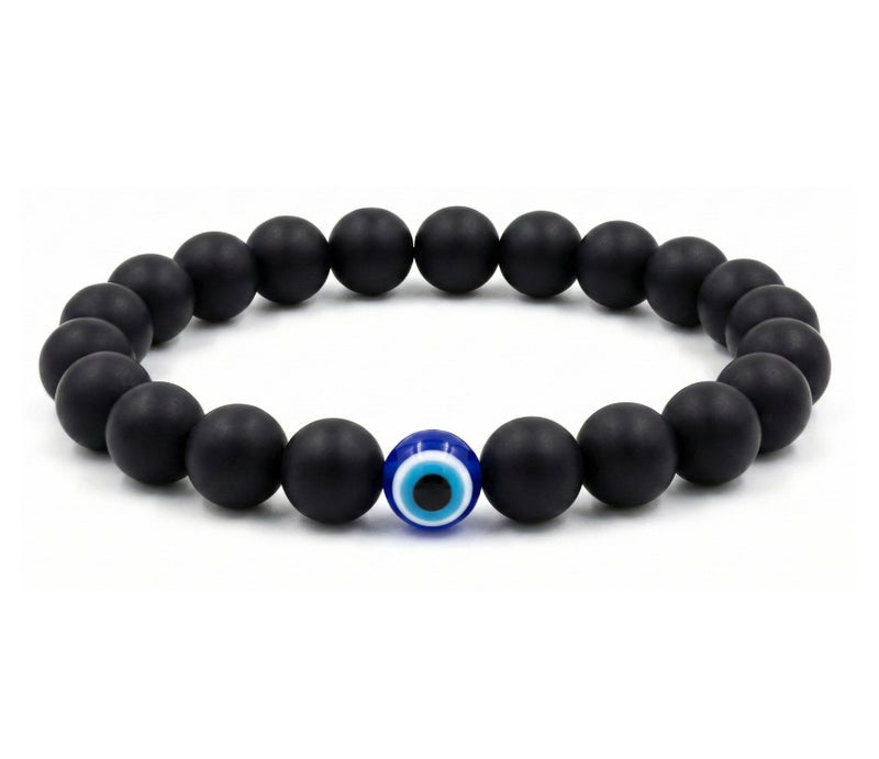 Ringfinity Black Matte Bead Bracelet with Evil Eye Charm – Natural Stone 8mm Stretch Bracelet for Men & Women – Minimal Stylish Daily Wear Jewelry - Image 1