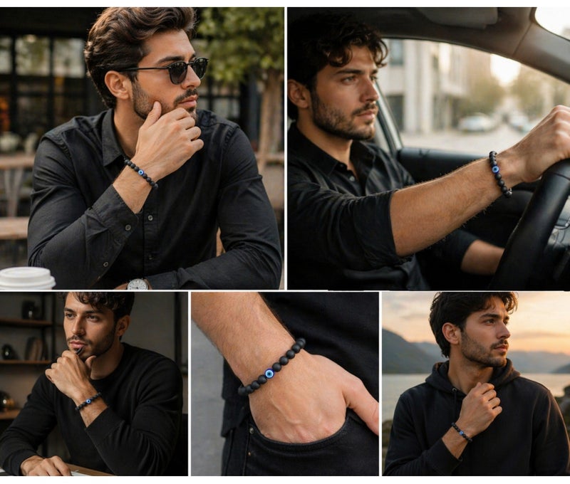 Ringfinity Black Matte Bead Bracelet with Evil Eye Charm – Natural Stone 8mm Stretch Bracelet for Men & Women – Minimal Stylish Daily Wear Jewelry - Image 2