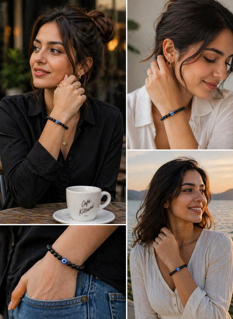 Ringfinity Black Matte Bead Bracelet with Evil Eye Charm – Natural Stone 8mm Stretch Bracelet for Men & Women – Minimal Stylish Daily Wear Jewelry - Image 3