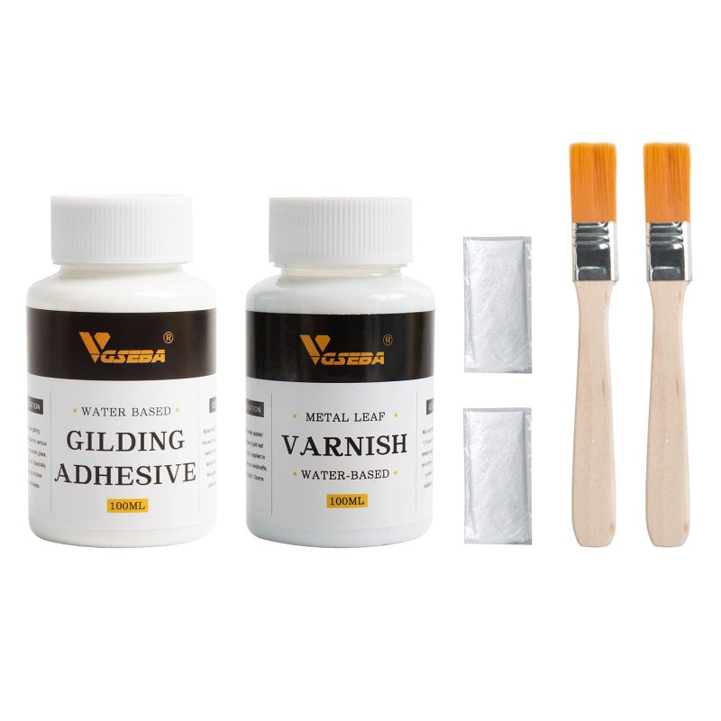 VGSEBA Gold Leaf Adhesive, 6.8oz Gilding Adhesive Set, Metal Leaf Glue and Varnish for Foil Transfer Sheets, Decor Foil, Arts Use (200ml + 2 Brushes + 2 Gloves) - Image 2