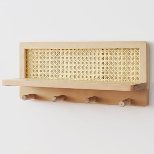 FRIADE PE Rattan Coat Rack Shelf Wall Mounted with 4 Hooks, Decorative Coat Hook Rack with Floating Shelf for Entryway, Nursery, Mudroom, Hallway, Kitchen, Office (Burlywood) - Image 2