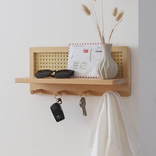 FRIADE PE Rattan Coat Rack Shelf Wall Mounted with 4 Hooks, Decorative Coat Hook Rack with Floating Shelf for Entryway, Nursery, Mudroom, Hallway, Kitchen, Office (Burlywood) - Image 4