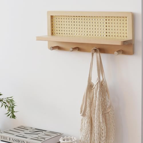 FRIADE PE Rattan Coat Rack Shelf Wall Mounted with 4 Hooks, Decorative Coat Hook Rack with Floating Shelf for Entryway, Nursery, Mudroom, Hallway, Kitchen, Office (Burlywood) - Image 5