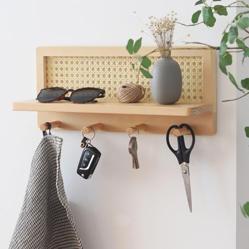 FRIADE PE Rattan Coat Rack Shelf Wall Mounted with 4 Hooks, Decorative Coat Hook Rack with Floating Shelf for Entryway, Nursery, Mudroom, Hallway, Kitchen, Office (Burlywood) - Image 1