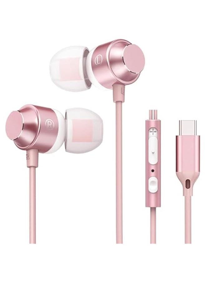 Generic - USB C Earbuds Rose Gold, Type C in Ear Headphones Wired, Stereo Bass Pink Earphones with Micphone and Volume Control, for 15 Pro Max 15 Plus iPad Pro USB C Earphones - Image 1
