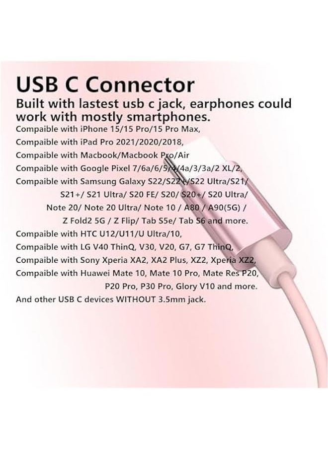 Generic - USB C Earbuds Rose Gold, Type C in Ear Headphones Wired, Stereo Bass Pink Earphones with Micphone and Volume Control, for 15 Pro Max 15 Plus iPad Pro USB C Earphones - Image 1