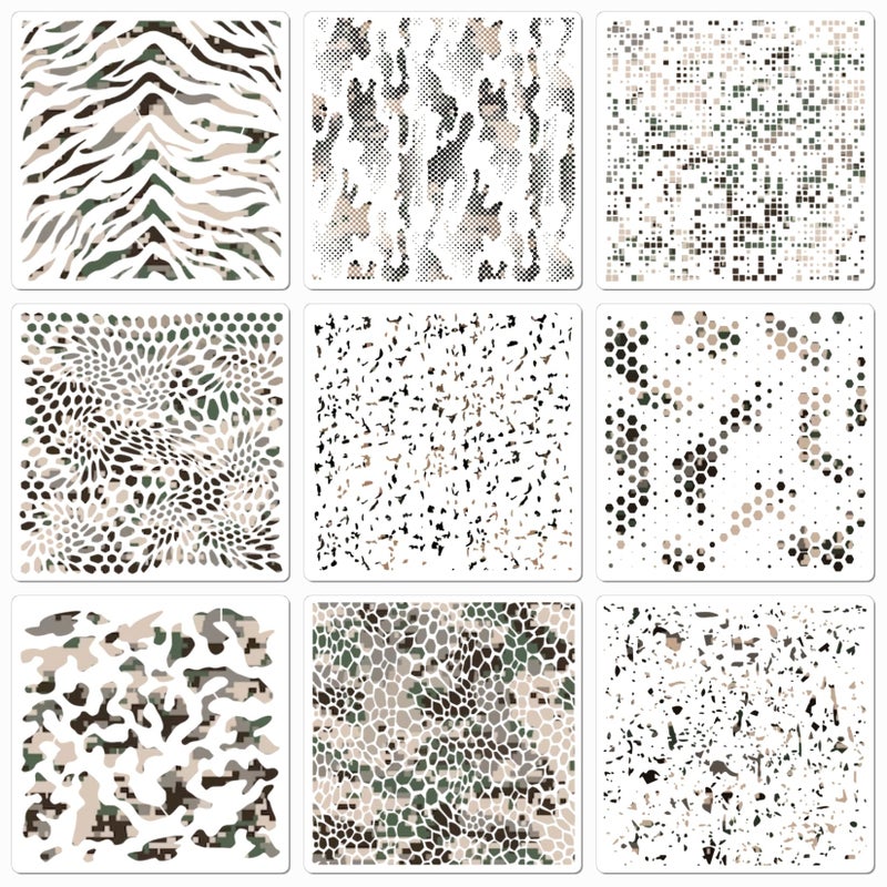Boqon 9 Pieces Camo Stencils for Spray Paint, Camouflage Pattern Stencils Templates Reusable Digital Camo Paint Stencils for Boat DIY Crafts Spray Painta (11.8 Ã— 11.8 in Camo) - Image 1