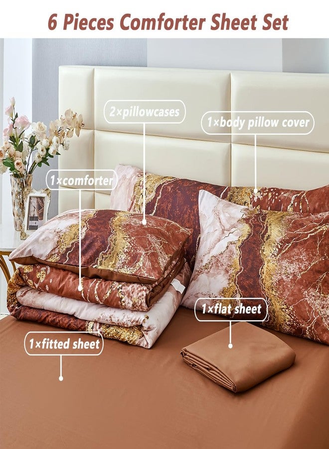 PERFEMET طقم لحاف بيرفيميت مكون من 6 قطع، لون بني قهوة، مطبوع عليه ألوان مائية رخامية، طقم كامل فاخر بتصميم فني كلاسيكي، سرير في حقيبة مع طقم ملاءات (بني قهوة، كوين) - Image 3
