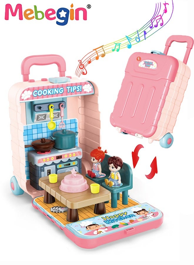 MEBEGIN 2-in-1 Kitchen Playset with Travel Case Mode, Musical Suitcase with 4 Buttons and Rich Kitchen Accessaries, Kitchen Pretend Play Toys, Travel Suitcase Turning into Kitchen Restaurant Kit, Ideal Gift for Kids Aged 3+  - Image 1