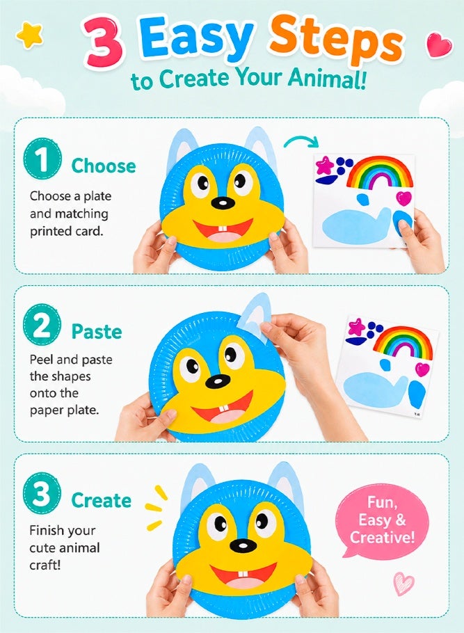 شبيلي مجموعة أشغال يدوية DIY بأطباق ورقية للأطفال +3 سنوات، تضم 10 أشكال حيوانات مع أطباق ورقية وبطاقات مطبوعة وشريط لاصق مزدوج، مناسبة للمنزل والروضة والأنشطة التعليمية، مصنوعة من الورق - Image 3