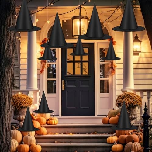 Helimoto 24 PCS Halloween Witch Hat, Black Witches Hat Costume Accessories Hanging Witch Hats Halloween Decor with 656 FT Nylon Cord Wizard Hats Indoor Outdoor Home Yard Porch Party Decorations - Image 1