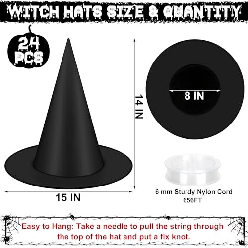 Helimoto 24 PCS Halloween Witch Hat, Black Witches Hat Costume Accessories Hanging Witch Hats Halloween Decor with 656 FT Nylon Cord Wizard Hats Indoor Outdoor Home Yard Porch Party Decorations - Image 2