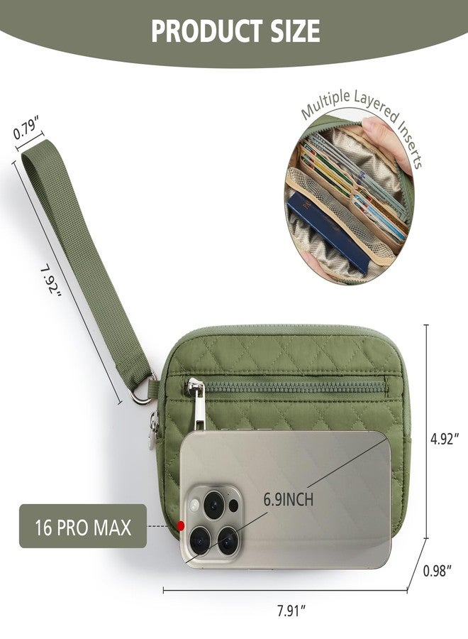 DIXEIGHT Small Wristlet Wallets for Women Quilted Nylon Wallet Purse RFID 3 Zipper Clutch for Travel Card Phone Organizer, Green - Image 5