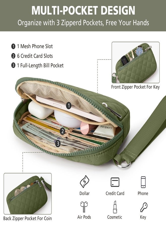 DIXEIGHT Small Wristlet Wallets for Women Quilted Nylon Wallet Purse RFID 3 Zipper Clutch for Travel Card Phone Organizer, Green - Image 4