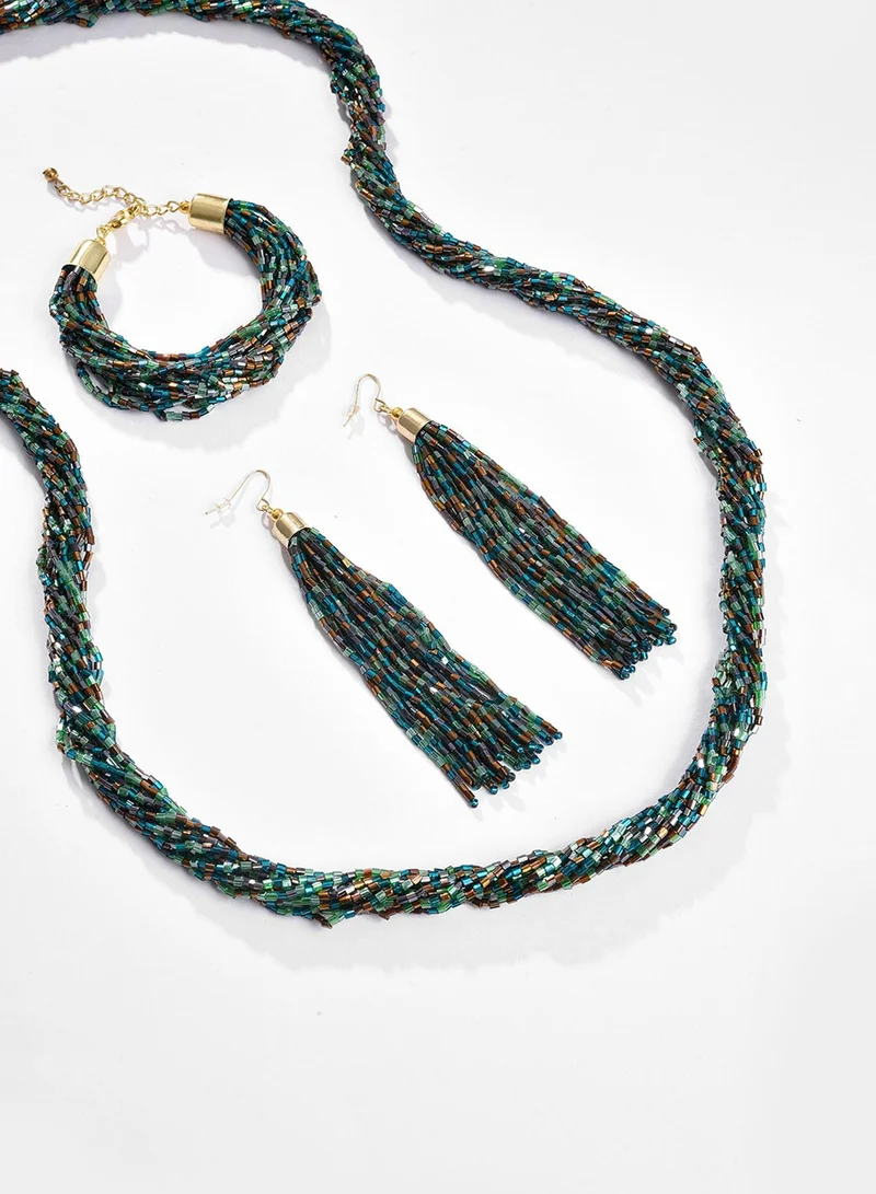 سوهي طقم قلادة وأقراط وسوار مطلي بالذهب