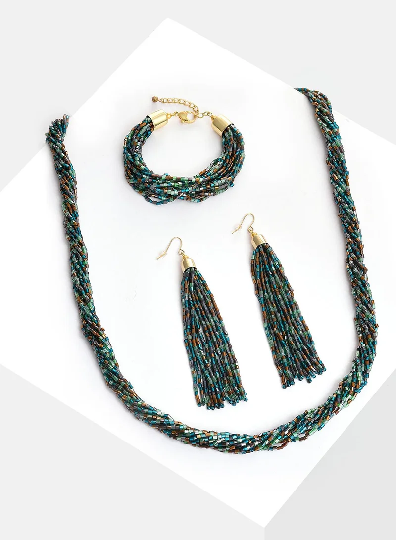 سوهي طقم قلادة وأقراط وسوار مطلي بالذهب