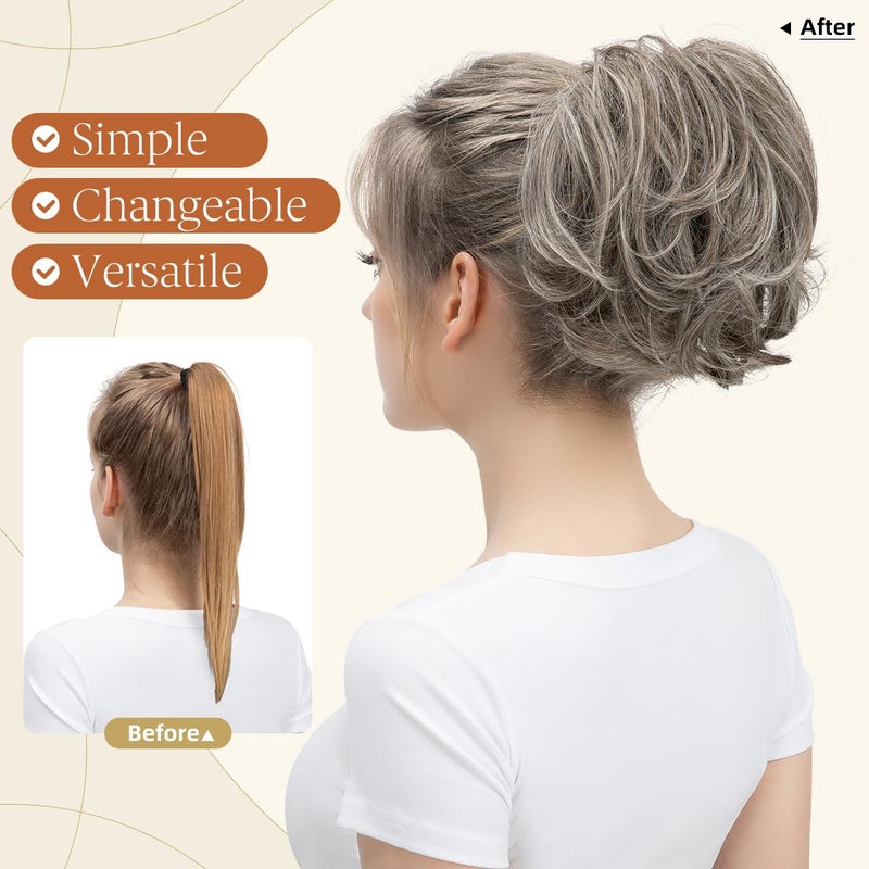 youngways Claw Clip Short Ponytail Messy Bun Hair Piece Bendable Hair Branch Extensions Fluffy Wavy Curly Synthetic Versatile Ash Grey Hairpieces - Image 2