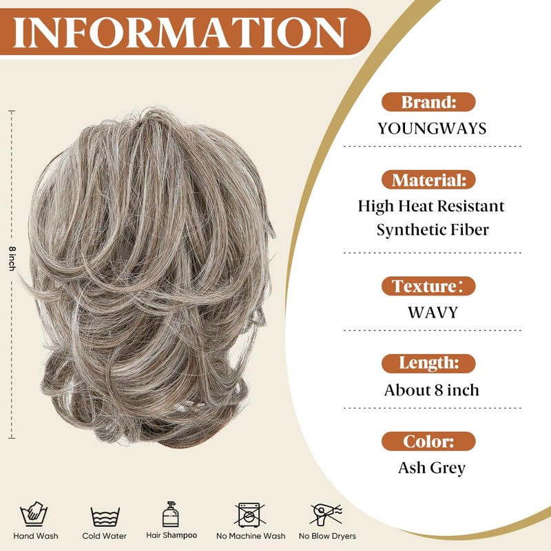 youngways Claw Clip Short Ponytail Messy Bun Hair Piece Bendable Hair Branch Extensions Fluffy Wavy Curly Synthetic Versatile Ash Grey Hairpieces - Image 3