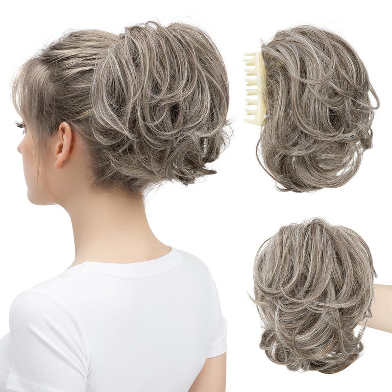 youngways Claw Clip Short Ponytail Messy Bun Hair Piece Bendable Hair Branch Extensions Fluffy Wavy Curly Synthetic Versatile Ash Grey Hairpieces - Image 1