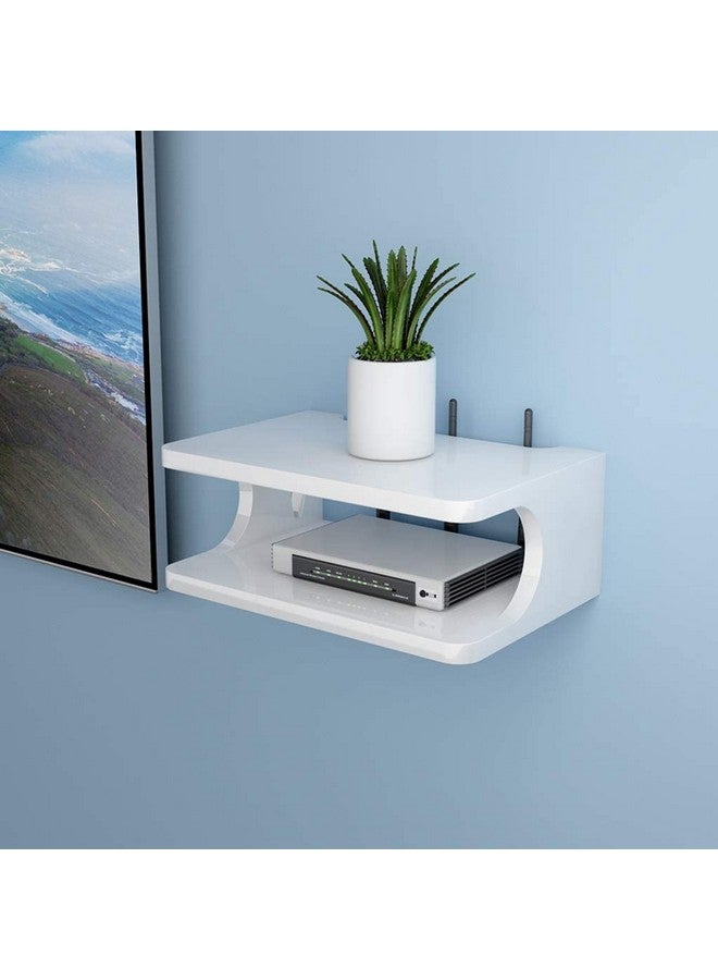 Bas Art Shoppee Engineered Wood Set Top Box Stand Wall Shelf & Wi-Fi Modem Rack with Side Carving Design Like Eye (White) - Image 1