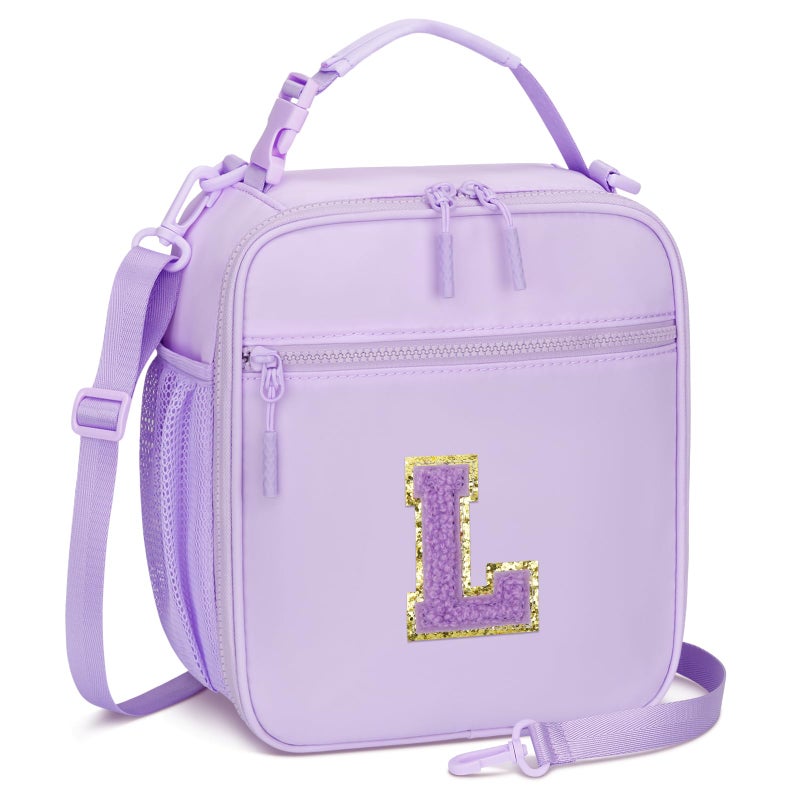 CLOUDWINGS Initial Insulated Lunch Bag for Girls Kids Back to School Gift Reusable Leakproof Lunch Box with Adjustable Strap for School Daycare Travel Picnic PurpleL