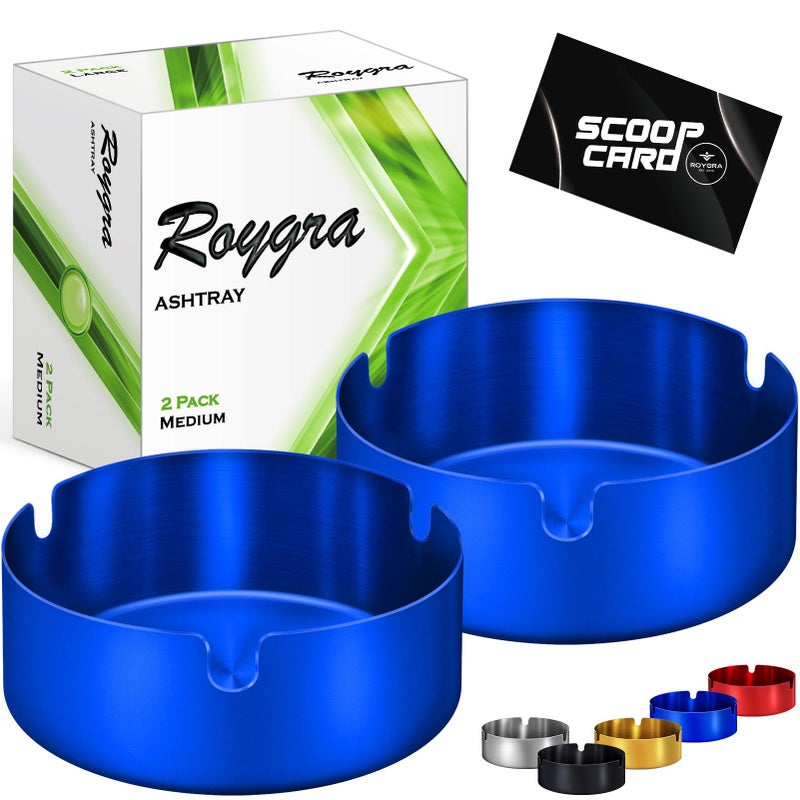 roygra Ash Tray (2 Pack), Outdoor Ashtray for Outside Patio, Stainless Steel Ashtrays for Cigarettes with 3 Holder, Smoking Accessories, Home DÃ©cor, Ashtrays for Smokers Indoor - Blue, Medium - Image 1