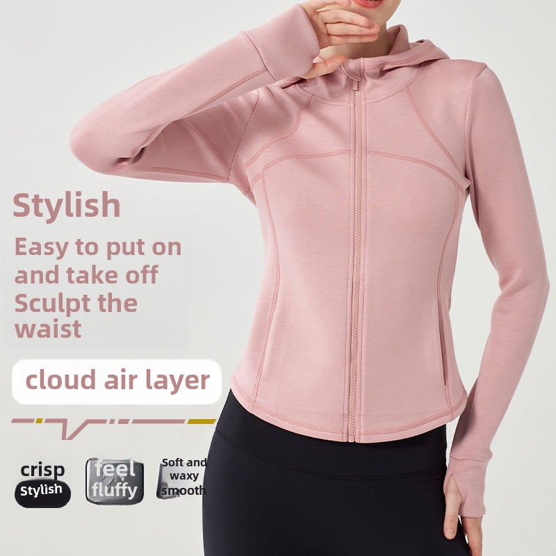 Womens Slim Fit Hooded Zipper Sportswear Yoga Jacket for Running Linen Green  - Image 5
