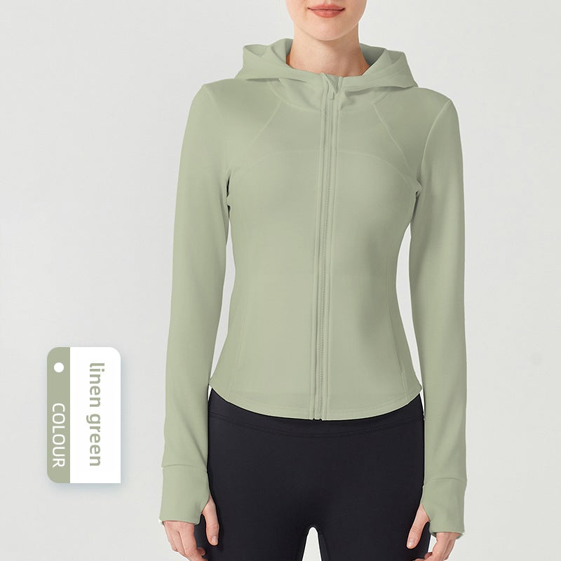 Womens Slim Fit Hooded Zipper Sportswear Yoga Jacket for Running Linen Green  - Image 1