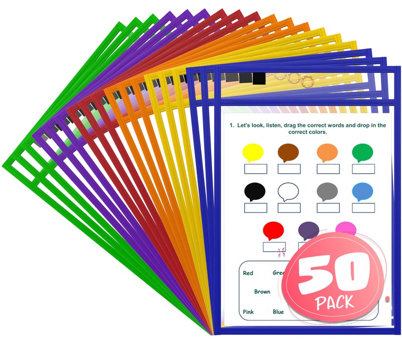 SCRIBBLEDO Dry Erase Pockets Reusable Dry Erase Sleeves with Marker Holder Colorful Dry Erase Pocket Sleeves for School Classroom or Work Ticket Holders Assorted Colors 50 Pack