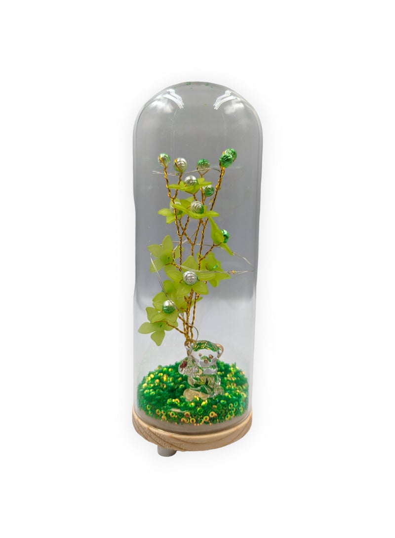 UNT Wish Tree With Tiny Teddy Bear and Glitter in Glass Dome - Image 1