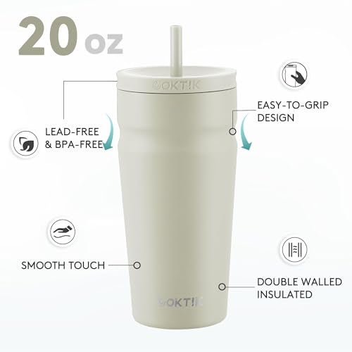 COKTIK 20oz Insulated Tumbler with Lid and Straw Iced Coffee Cup Reusable Stainless Steel Travel Mug Water Bottle Cupholder Friendly for Women Men Her Him (Almond Birch) - Image 2