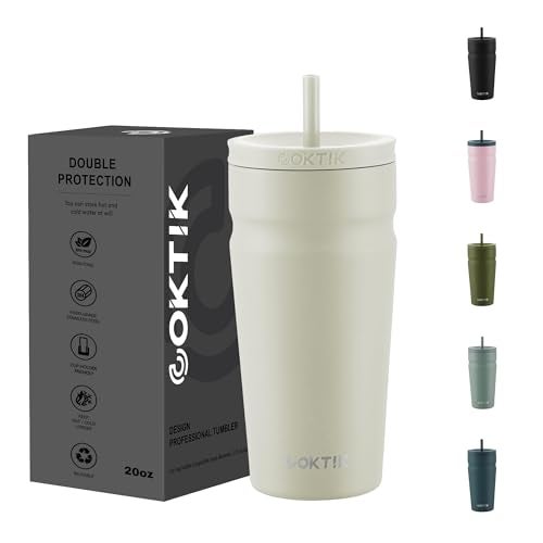 COKTIK 20oz Insulated Tumbler with Lid and Straw Iced Coffee Cup Reusable Stainless Steel Travel Mug Water Bottle Cupholder Friendly for Women Men Her Him (Almond Birch) - Image 1