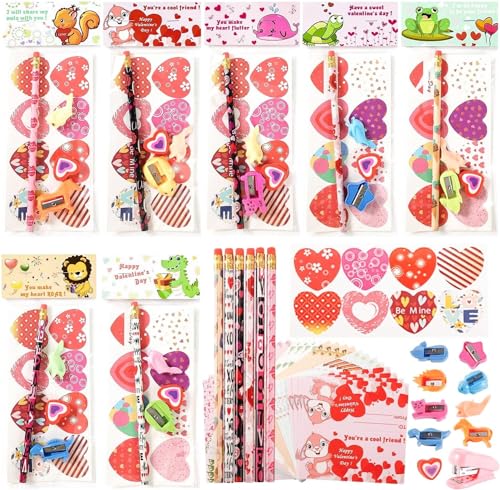 vanow Valentines Day Gifts for Kids Classroom 28 Packs Super Value Stationery Kit Cards Pencils Erasers Pen Sharpeners Holders Exchange Party Favors Toys - Image 1